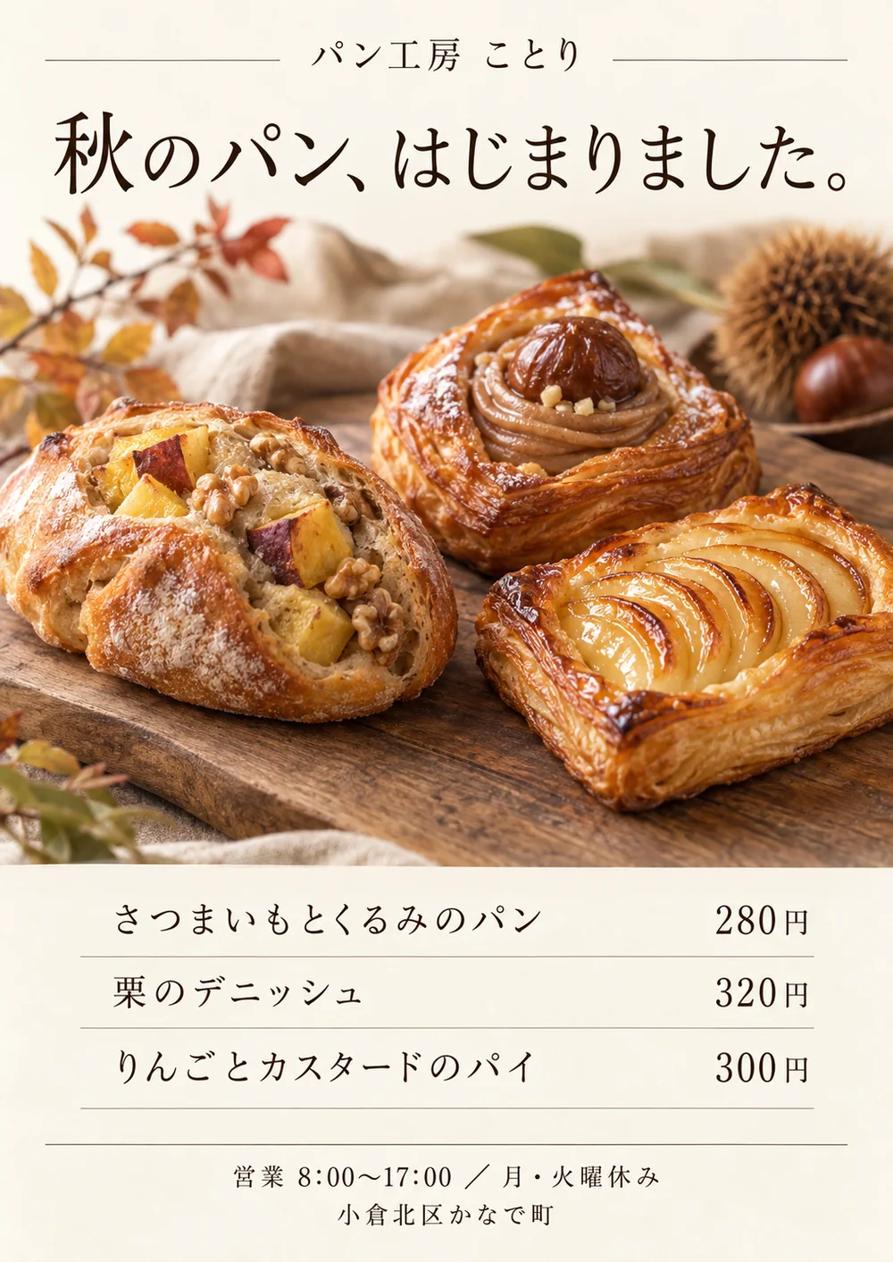 パン屋の秋の新商品チラシ。焼きたてのパンの写真の下に、商品名と価格を細い罫線で並べたデザイン