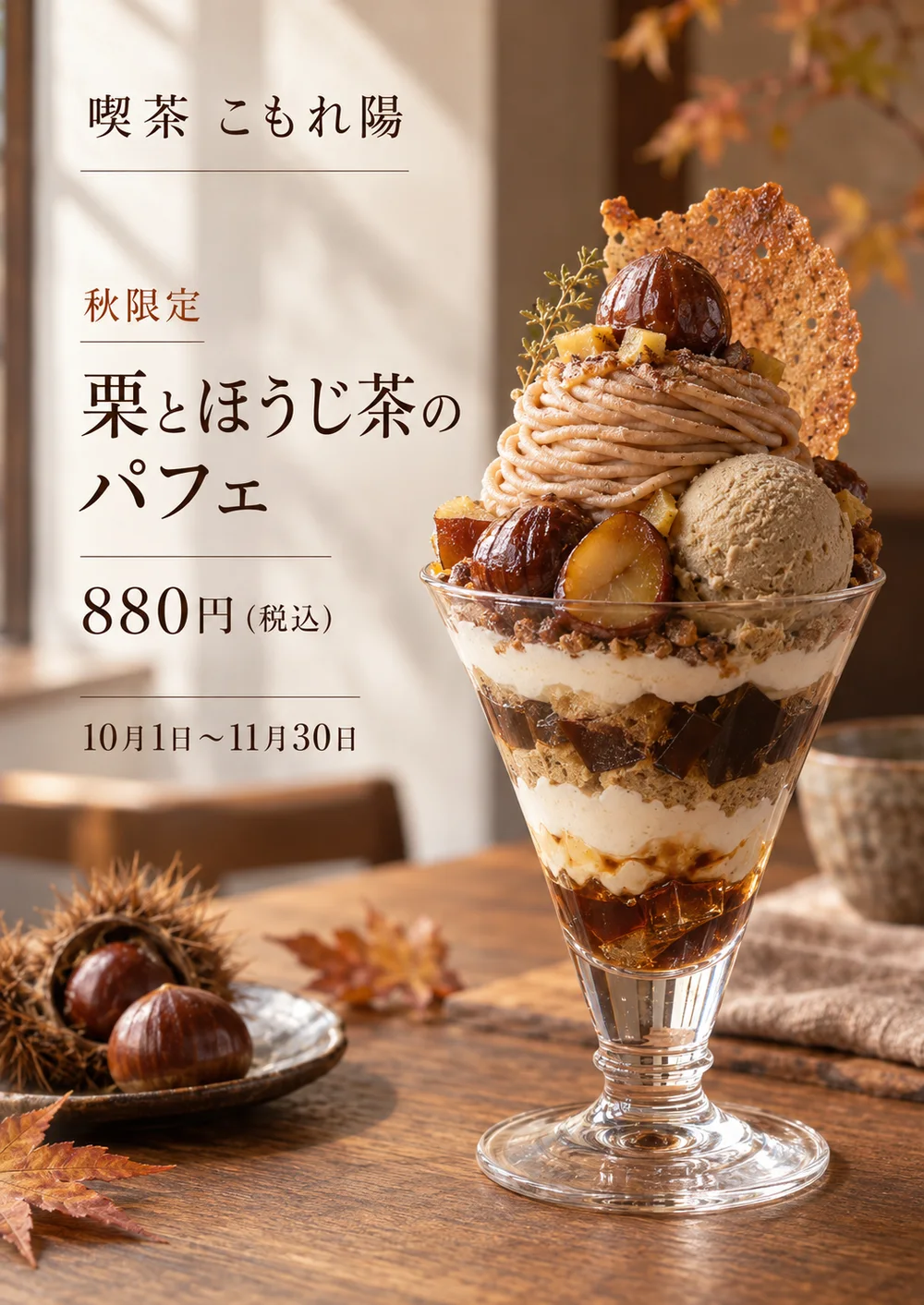 喫茶店の秋限定パフェのポスター。パフェの写真を大きく使い、左に明朝体で品名と価格